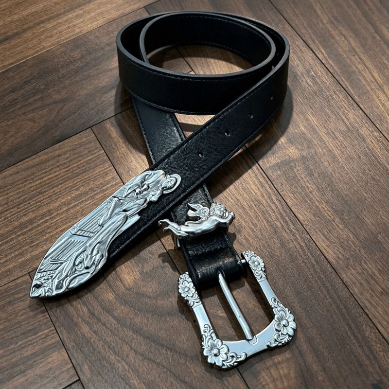 Cherub Angel Dagger Engraved Leather Belt Vintage Gothic Metal Tip