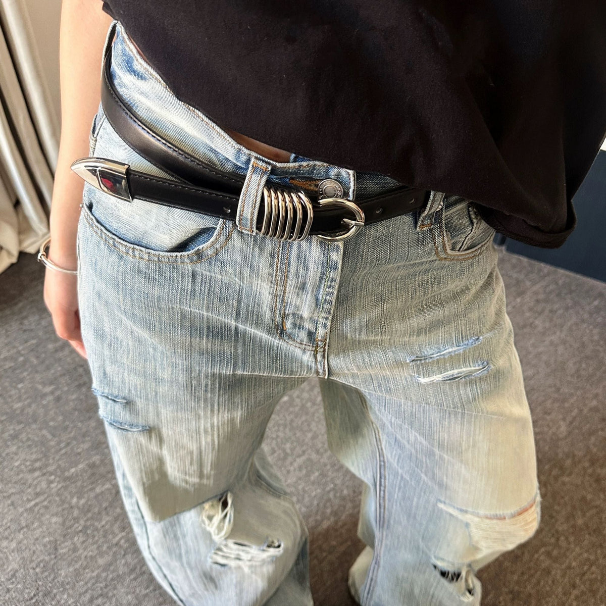 Multi Ring Metal Buckle Leather Belt Unisex Denim Waist Belt