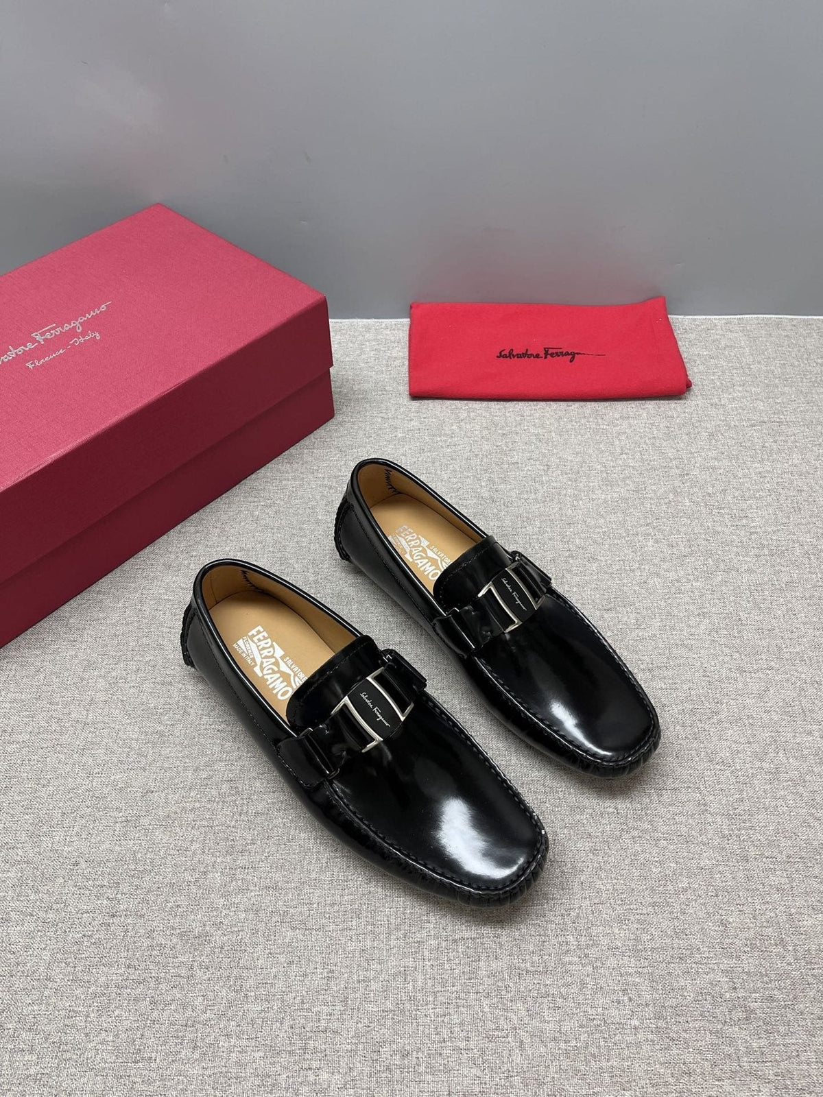 Ferragamo Men's Black Buckle Driving Loafers - Silver-Tone Hardware