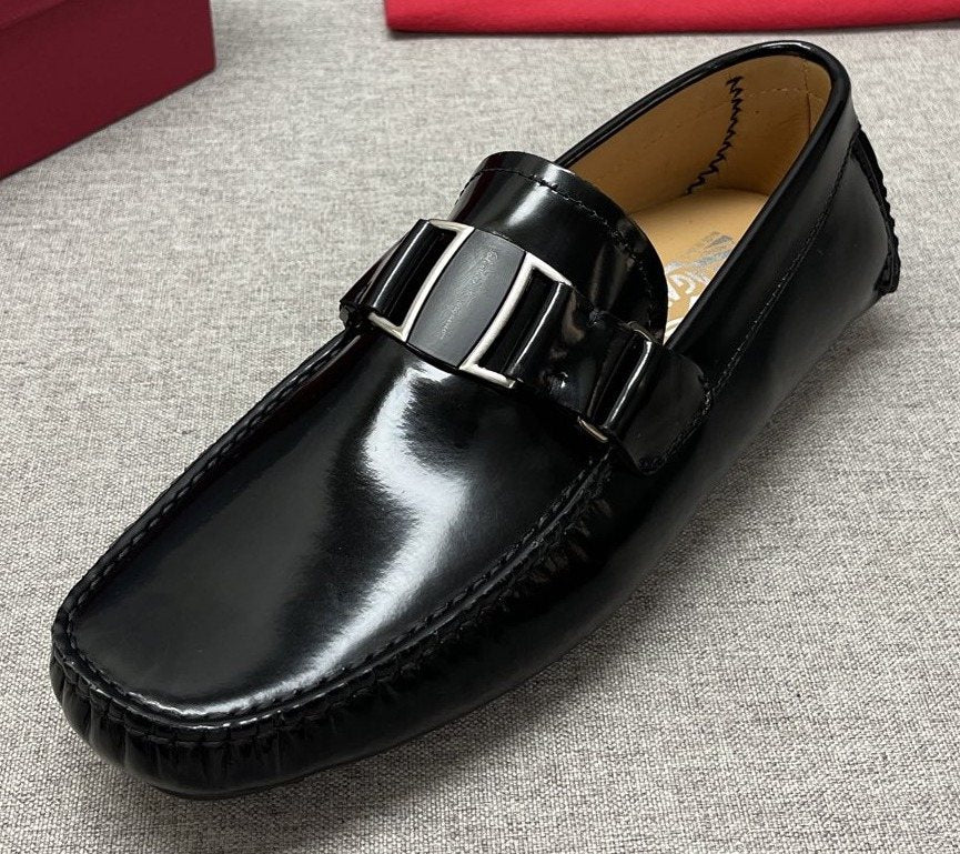 Ferragamo Men's Black Buckle Driving Loafers - Silver-Tone Hardware